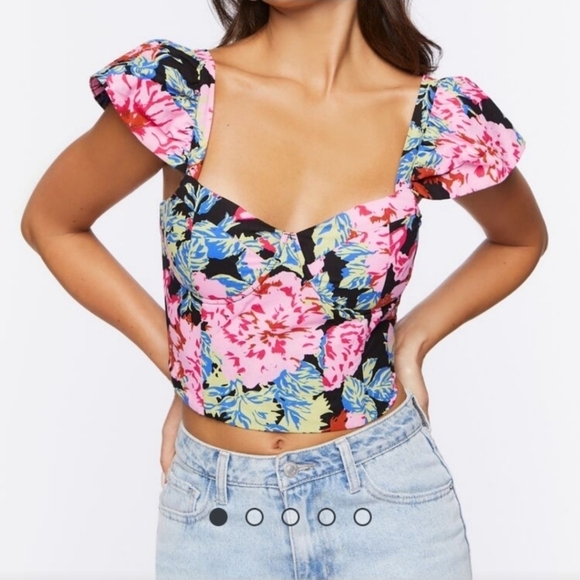 Forever 21 Floral Ruffle Sleeve Crop Top Corset Back With Tie Size XS - Picture 1 of 9
